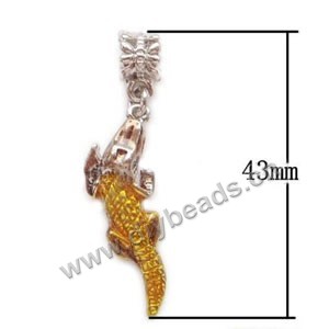 Charm, big-hole beads,silver-plated pewter and enameled , yellow , 13x43mm crocodile with 5mm hole. Sold per pkg of 10ps