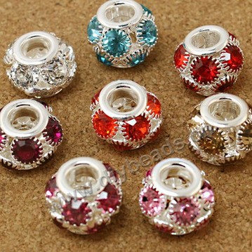 alloy Bead,alloy with cz stone,11x13mm rondelle,5mm hole,Sold per pkg of 50 pieces.