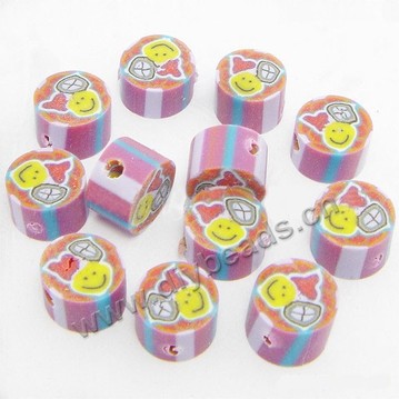 Bead, polymer clay, purple/yellow, 6x4mm double-sided flat round with smile face. Sold per pkg of 24.