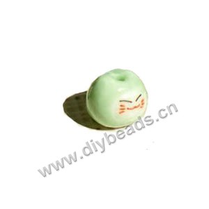 Bead, porcelain, light green,white, 12x12mm hand-painted lucky cat . Sold per pkg of 6.