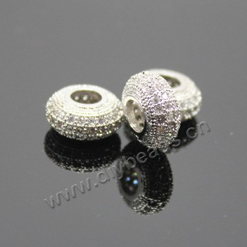 Bead,big-hole beads,silver plated copper,12x6mm rondelle with cz stone,Sold per pkg of 5ps