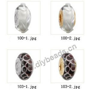 Bead,big-hole beads ,lampworked glass with silver-finished brass grommets,mixed colors and designs,6x12mm-8x14mm rondelle ,4mm spiral hole,sold per pkg of 4ps