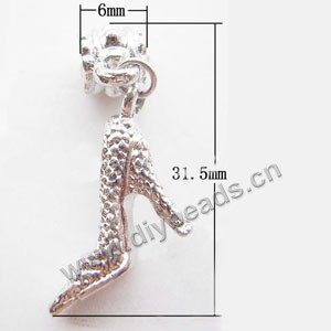 Charm, big-hole beads,silver-plated pewter and enameled , 6x31.5mm,double-sided bumpy shoes, 5mm hole. Sold per pkg of 10ps