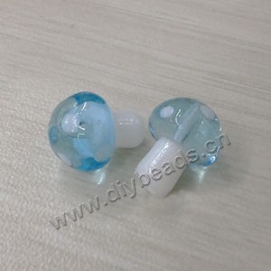 Bead, lampworked glass, light blue and white, 10x12mm mushroom with spots. Sold per pkg of 20 beads.
