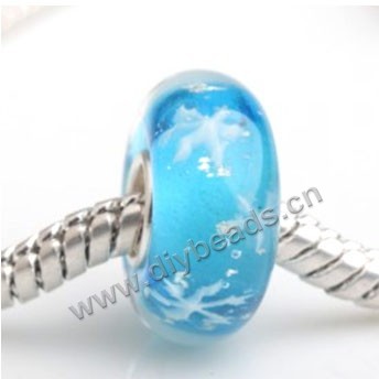 Bead, big-hole beads,Lampworked glass and 925 sterling silver grommet,blue with flower,14x7mm rondelle with 4.5 mm hole,sold per pkg of 50ps