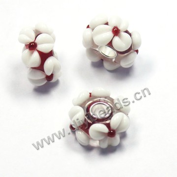 Bead,big-hole beads ,lampworked glass with silver-finished brass,16x10m rondelle,white,mini order 50pcs