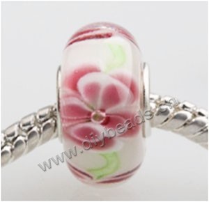 Bead, big-hole beads,Lampworked glass and 925 sterling silver grommet,white with flower, 14x7mm rondelle with 4.5 mm hole,sold per pkg of 50ps