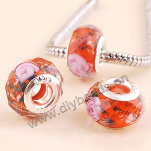 Bead,big-hole beads ,lampworked glass with silver-finished brass ,red/pink,9x14mm faceted rondelle with flower,4.5mm hole,sold per pkg of 10ps