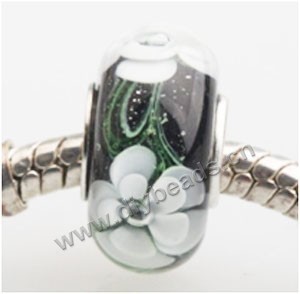 Bead, big-hole beads,Lampworked glass and 925 sterling silver grommet,black with flower, 14x7mm rondelle with 4.5 mm hole,sold per pkg of 50ps