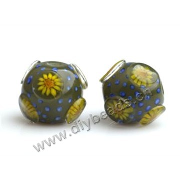 Bead,Japan lampworked glass,brown with bumpy flower, 16x16mm round.mini order 100pc 