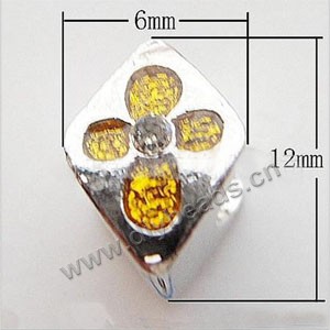 Bead, big-hole beads,silver-plated pewter and enameled ,yellow, 8.5x12mm diamond with flower and rhinestone, 6mm hole. Sold per pkg of 10ps