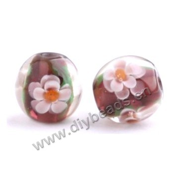 Bead, lampworked glass,brown with flower, 16x16mm round.mini order 50pc 