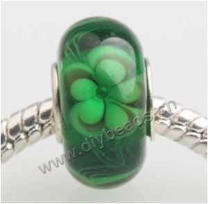 Bead, big-hole beads,	Lampworked glass and silver-plated brass grommet,green with flower, 14x7mm rondelle with 4.5 mm hole,sold per pkg of 50ps