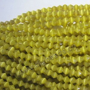Bead, cat's eye glass,yellow, 8x8mm bicones, Sold per 14.5-inch strand.