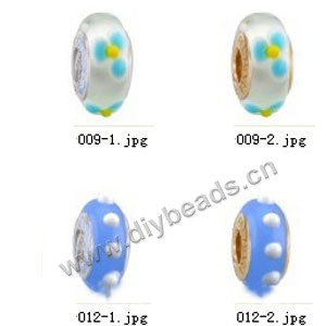Bead,big-hole beads ,lampworked glass with silver-finished brass grommets,mixed colors and designs,6x12mm-8x14mm rondelle ,4mm spiral hole,sold per pkg of 10ps