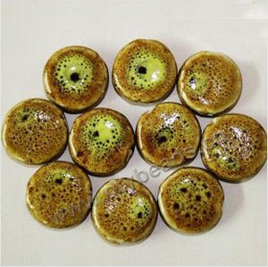 Bead, fancy glaze porcelain, golden yellow, 20mm flat round. Sold per pkg of 30 beads 