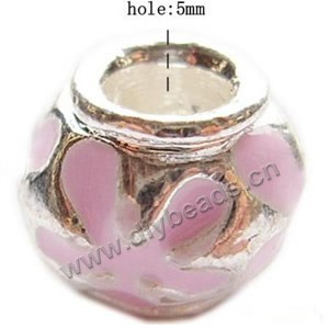 Bead, big-hole beads,silver-plated pewter and enameled , pink, 10.5x13.5mm drum with flower, 5mm hole. Sold per pkg of 10ps