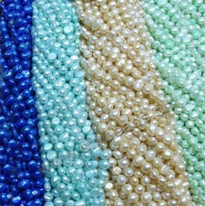Pearl mix, cultured freshwater ( bleached/dyed), cobalt blue/sky blue/white/aqua,mixed colors, 5-6mm flat-sided potato . Sold per pkg of (100) 14-inch strands.