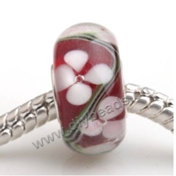 Bead, big-hole beads,Lampworked glass and 925 sterling silver grommet red with flower, 14x7mm rondelle with 4.5 mm hole,sold per pkg of 50ps