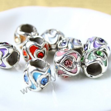 Bead,big-hole beads,alloy with crystal,heart,8x9mm. Sold per pkg of 50ps