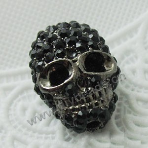 Bead, big-hole beads,pewter ,black, 17.5x13.4mm skull with rhinestone, 3mm hole. Sold per pkg of 10ps