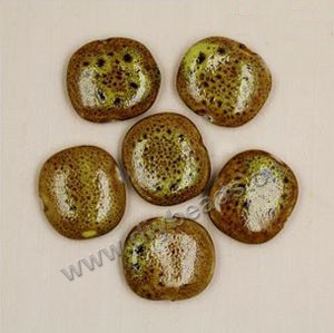 Bead, fancy glaze porcelain,golden yellow, 27-30mm flat round. Sold per pkg of 18 beads 