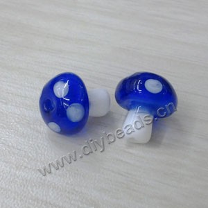 Bead, lampworked glass, cobalt blue and white, 10x12mm mushroom with spots. Sold per pkg of 20 beads.