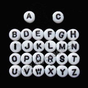 Bead mix, acrylic, white with black alphabet, 7x3mm double-sided flat round with 1mm drill hole. Sold per pkg of 400