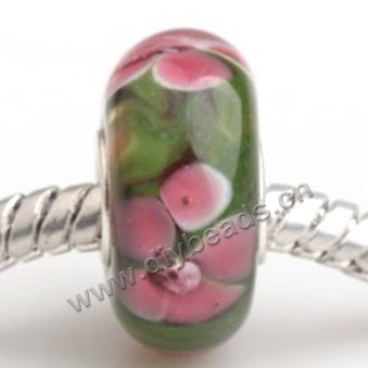 Bead, big-hole beads,Lampworked glass and silver-plated brass grommet,green with flower,14x7mm rondelle with 4.5 mm hole,sold per pkg of 50ps