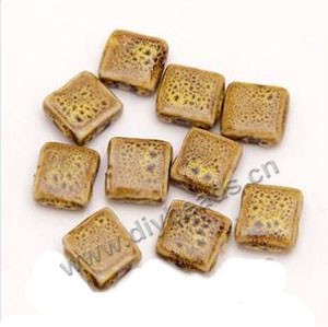 Bead , fancy glaze porcelain,yellow, 16x16mm flat square. Sold per pkg of 30 beads. 