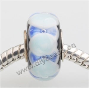 Bead, big-hole beads,Lampworked glass and 925 sterling silver grommet,cambridge blue with flower, 14x7mm rondelle with 4.5 mm hole,sold per pkg of 50ps