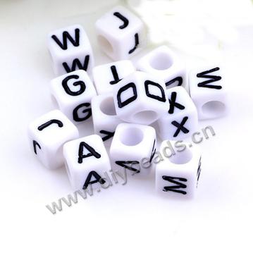 Acrylic Letter Beads, 12mm cube, white beads with black letter. Sold per pkg of 5 bags