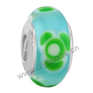 Bead,big-hole beads ,cat's eye glass with flower and silver-finished brass grommets,blue/green,6x12mm-8x14mm rondelle with 4mm spiral hole,sold per pkg of 4ps  