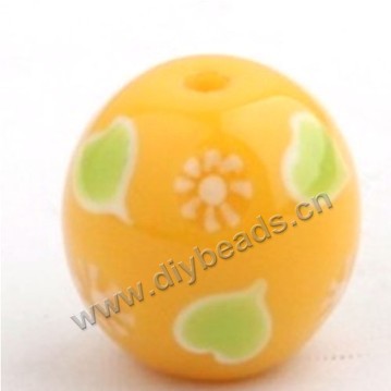 Bead, lampworked glass,yellow with flower, 18x18mm round.mini order 50pc 