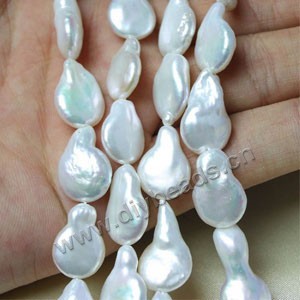 Pearl baroque, cultured freshwater , white, 16x11mm-20x12mm gourd, B+ grade, Mohs hardness 2-1/2 to 4. Sold per pkg of (10) 16-inch strands.