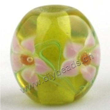 Bead, lampworked glass,green with flower, 20x20mm round.mini order 50pc 