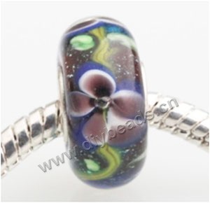Bead, big-hole beads, Lampworked glass and 925 sterling silver grommet,Purple with flower, 14x7mm rondelle ,4.5 mm hole,sold per pkg of 10ps