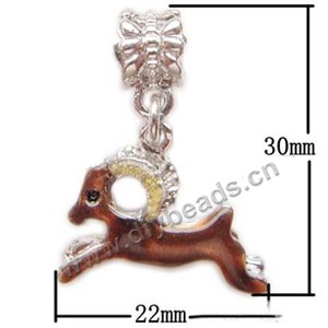 Charm, big-hole beads,silver-plated pewter and enameled , brown, 22x30mm,single-sided deer, 5mm hole. Sold per pkg of 10ps
