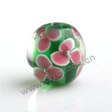 Bead,Japan lampworked glass,green with flower, 14x14mm round.mini order 100pc 