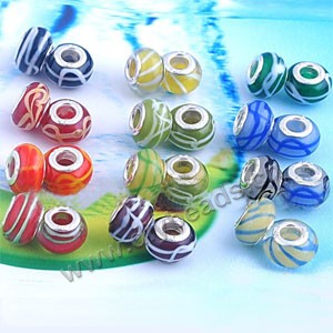 Bead,big-hole beads ,lampworked glass with silver-finished brass ,multicolored,10x14mm rondelle with 5mm hole,sold per pkg of 20ps