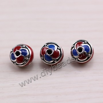 Enamel Bead, 925 Thai silver, 9*7mm, 2mm hole, multicolored, Sold per pkg of 1 bag-(3 pieces).
