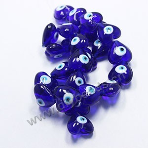 Bead, lampworked glass, aqua blue and multicolored, 20x20x12mm double-sided heart with wards off the evil eye design. Sold per pkg of 10.