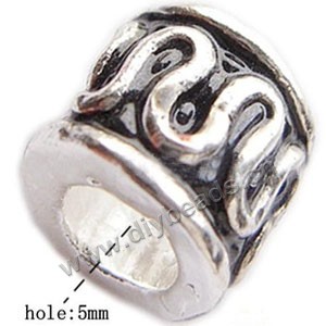 Bead, big-hole beads,silver-plated pewter and enameled , black, 9x10mm round tube with swirls, and 5mm hole. Sold per pkg of 10ps