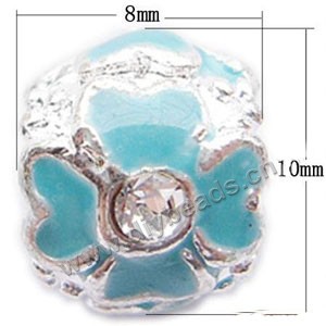 Bead, big-hole beads,silver-plated pewter and enameled , turquoise blue,10x8mm rondelle with flower and rhinestone, 4.5mm hole. Sold per pkg of 10ps