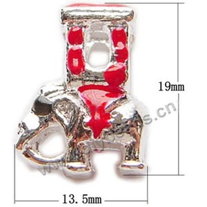 Charm, big-hole beads,silver-plated pewter and enameled , red, 19x13.5mm,double-sided elephant, 5mm hole. Sold per pkg of 10ps