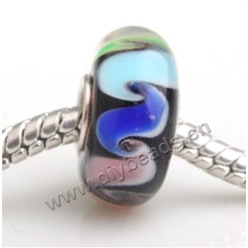 Bead, big-hole beads,Lampworked glass and silver-plated brass grommet,black with flower,14x7mm rondelle with 4.5 mm hole,sold per pkg of 50ps