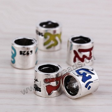 Enamel Bead, 925 Thai silver, om mani padme hum, round tube, 7mm, 5mm hole, multicolored, Sold per pkg of 1 bag-(5 pieces).