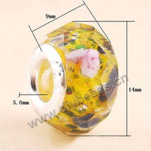 Bead,big-hole beads ,lampworked glass with silver-finished brass ,yellow/green/pink,9x14mm faceted rondelle with flower,4.5mm hole,sold per pkg of 10ps