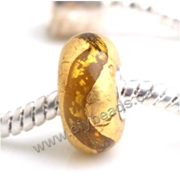 Bead, big-hole beads,Lampworked glass and silver-plated brass grommet,gold,14x7mm rondelle with 4.5 mm hole,sold per pkg of 50ps