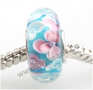 Bead, big-hole beads,Lampworked glass and silver-plated brass grommet,blue with flower, 14x7mm rondelle with 4.5 mm hole,sold per pkg of 50ps